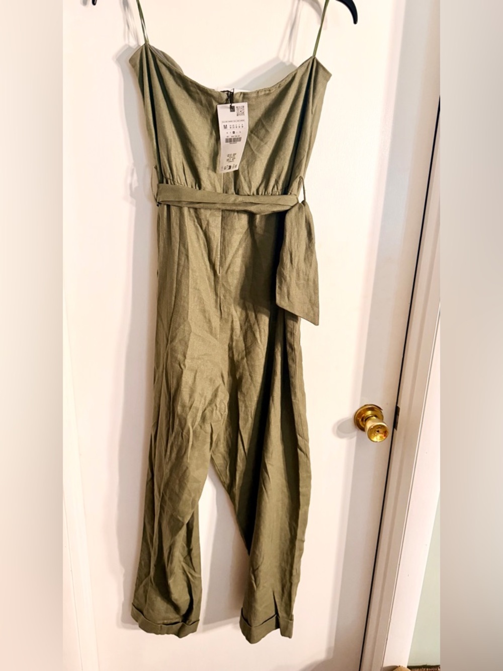 Zara Strapless Olive Green Belted Jumpsuit linen NWT - Picture 2 of 4